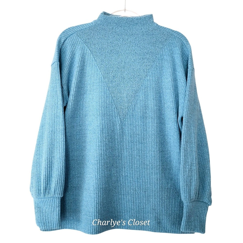 LOFT Blue Ribbed Mock‎ Neck Drop Shoulder Pullover Sweater M Costal Minimalist